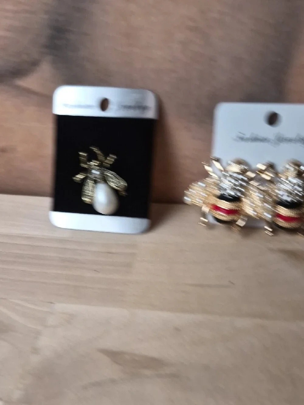 Fashion Jewelry Gold Bee Brooche with Red Enamel and Pearl Accents. Pair Earring
